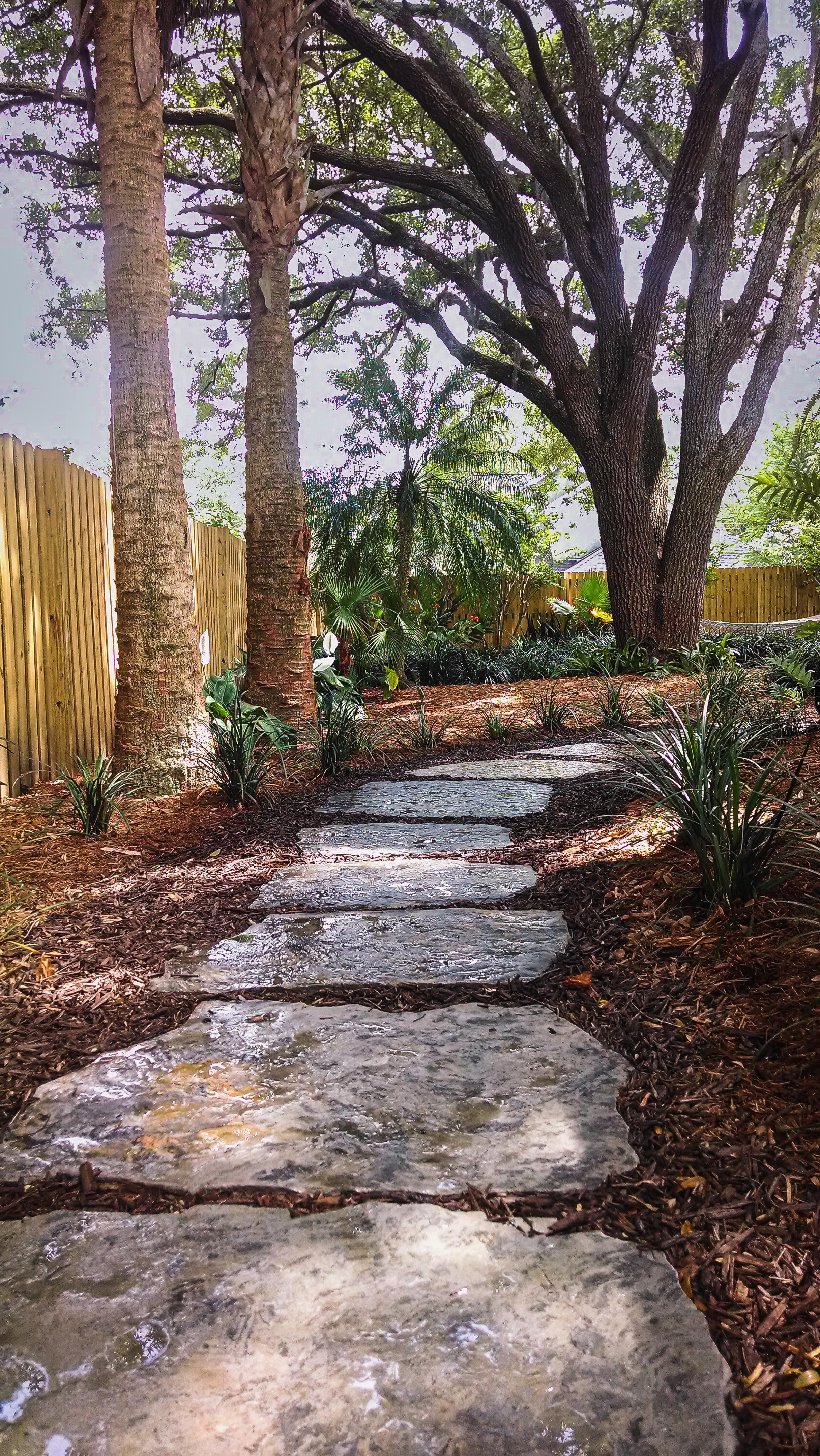 stone paver walkway in backyard landscape with plant gardens