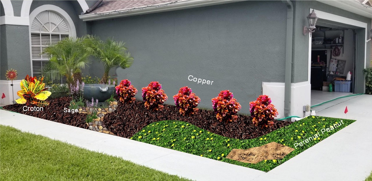 landscape design simulation off front walkway with water fountain and colorful garden